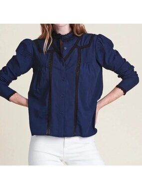 The Shirt Rochelle Behrens Priya Navy Black Pintucked Shirt Womens Small NEW
